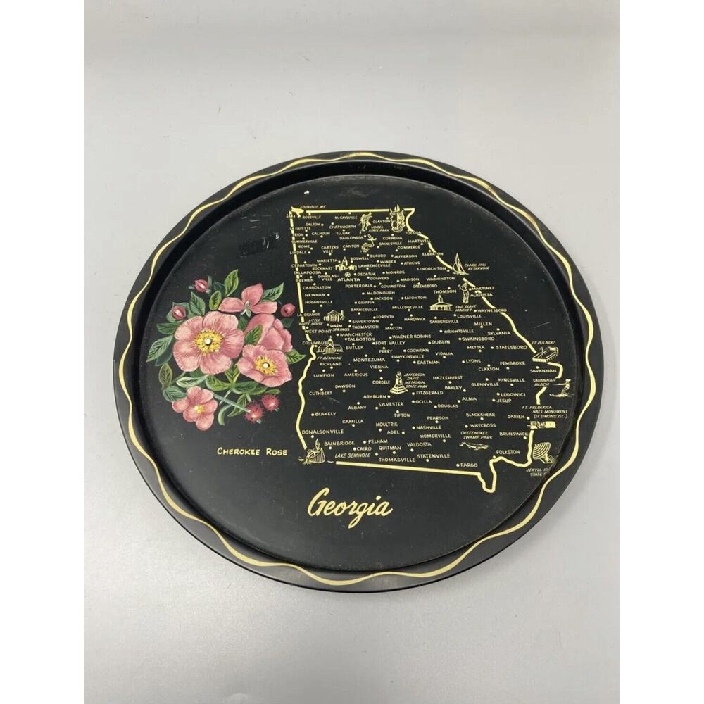 Vintage Toleway Serving Tray Georgia Cherokee Rose Black Gold Color With Flowers